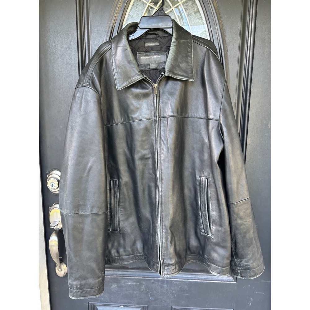 Perry Ellis Portfolio Mens XL Black Leather Jacket Quilted Zip Up Bomber Coat